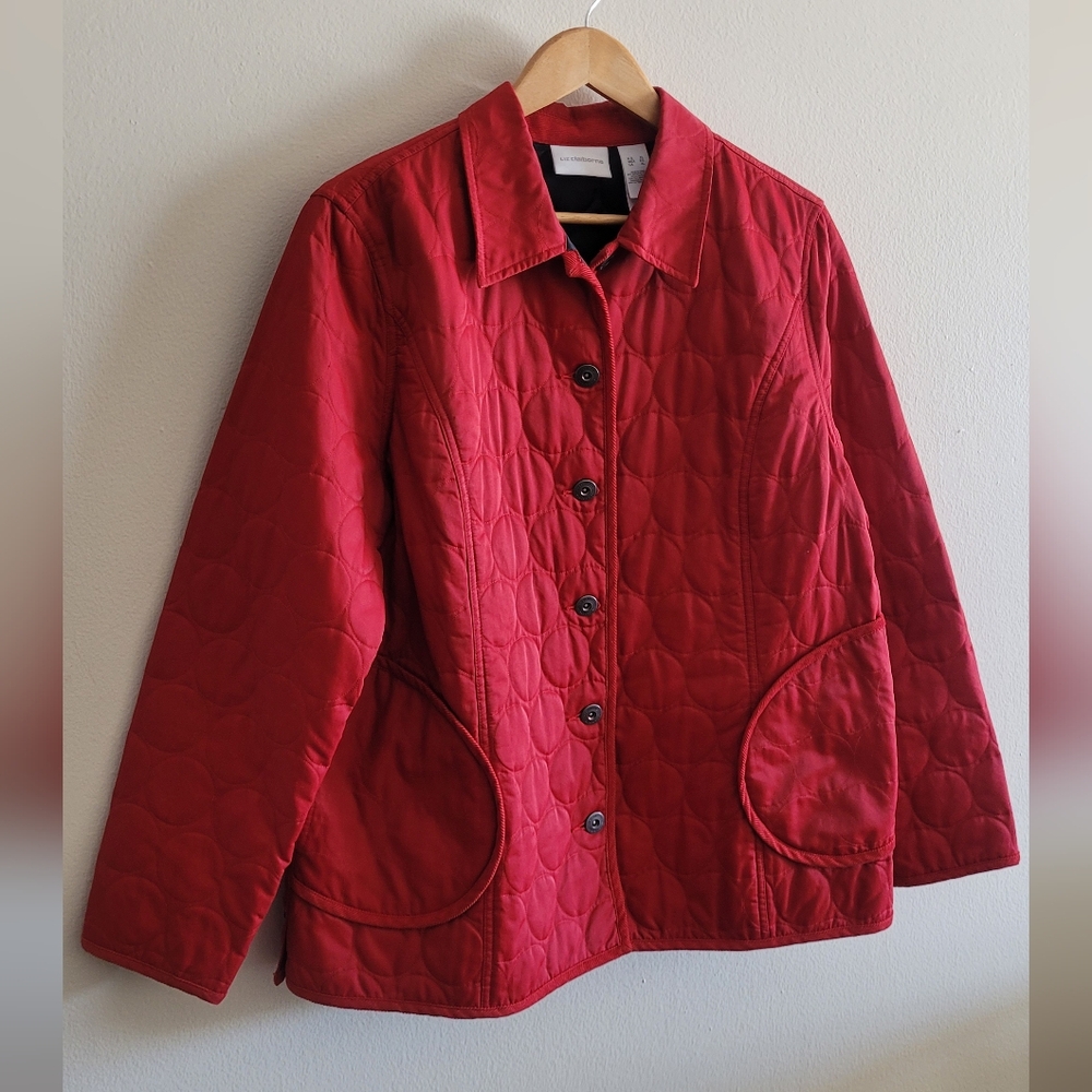 Liz Claiborne quilted cord trimmed extra long jacket Women's XL cherry red